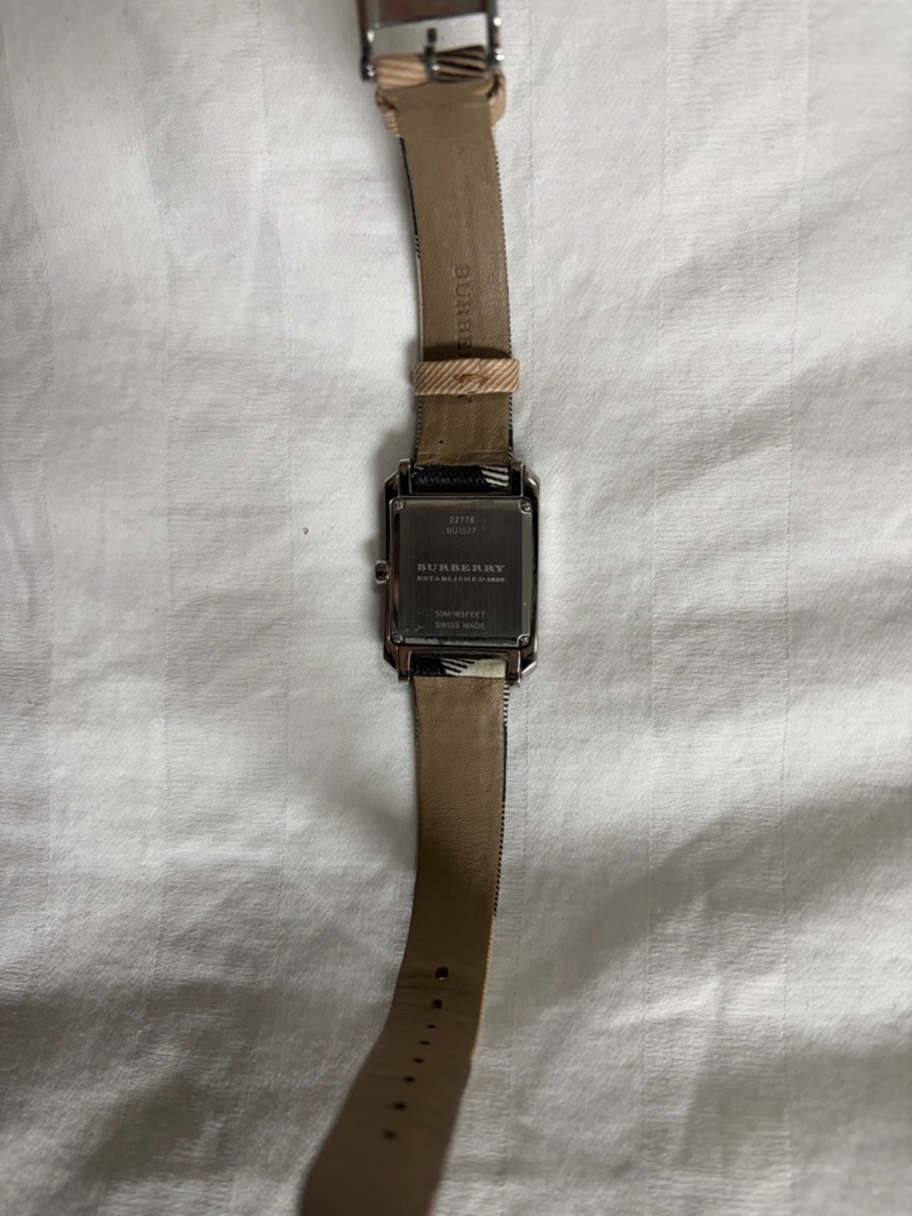 Burberry Silver-Tone Rectangular Watch with Black and Beige Check Strap - Picture 4 of 7